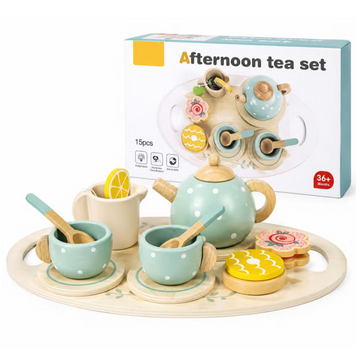 Wooden Tea Party Set for Kids – 15-Piece Pretend Play Toy