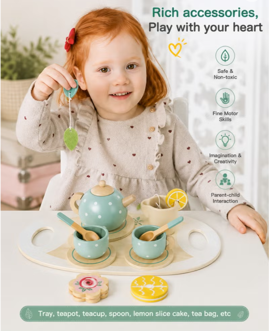 Wooden Tea Party Set for Kids – 15-Piece Pretend Play Toy