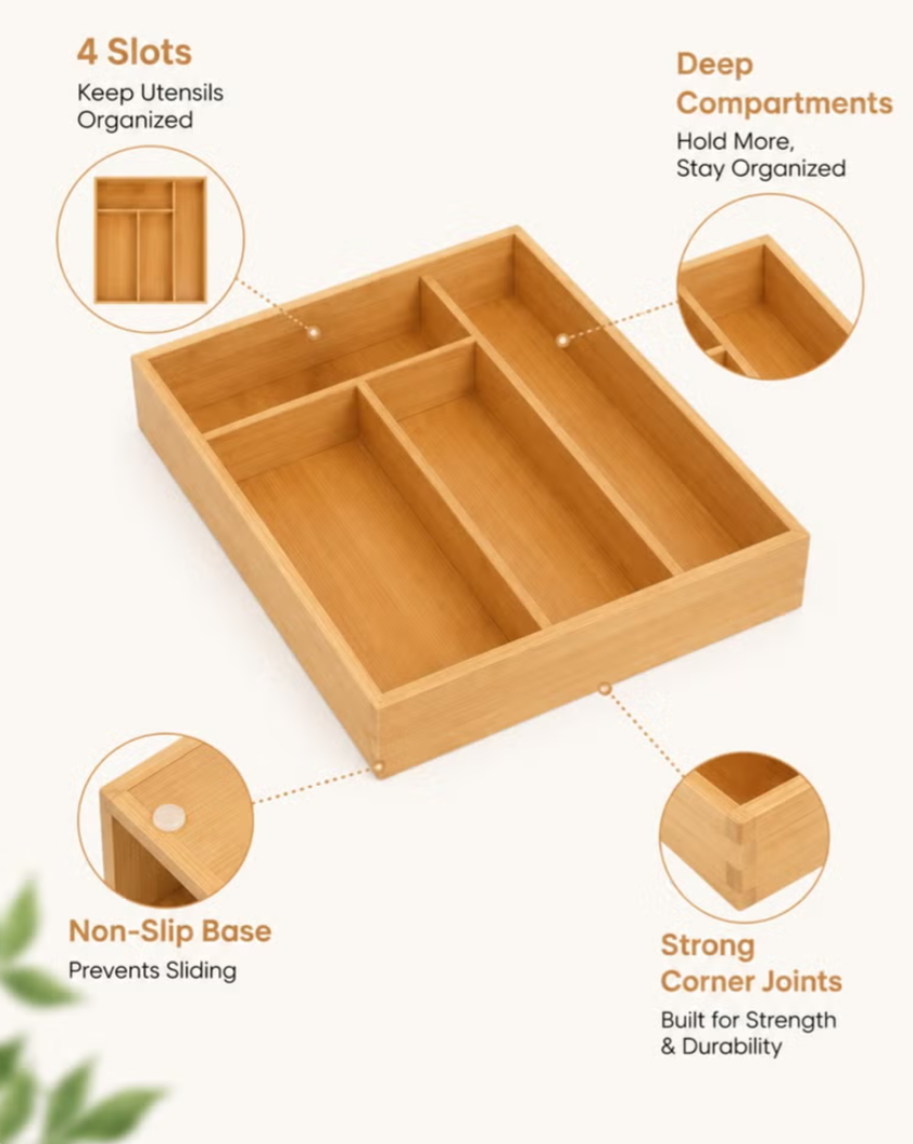 Bamboo Kitchen Drawer Organizer – 4-Grid Cutlery & Utensil Tray