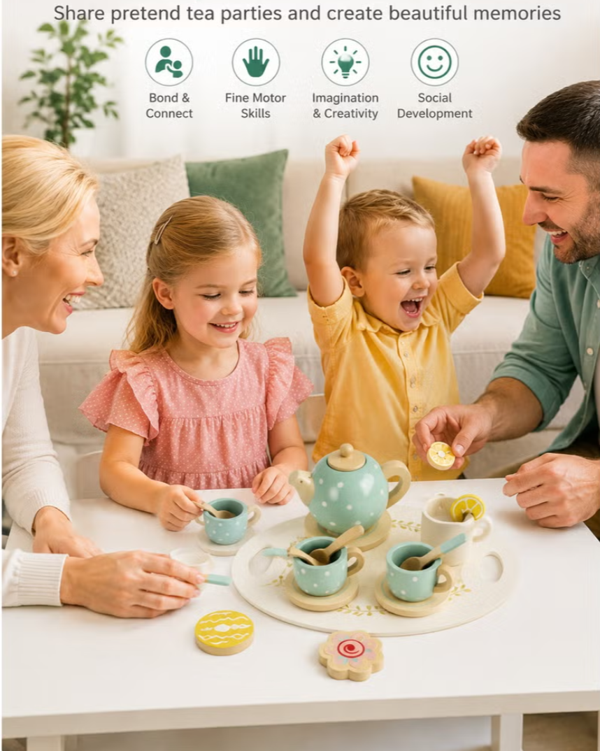 Wooden Tea Party Set for Kids – 15-Piece Pretend Play Toy