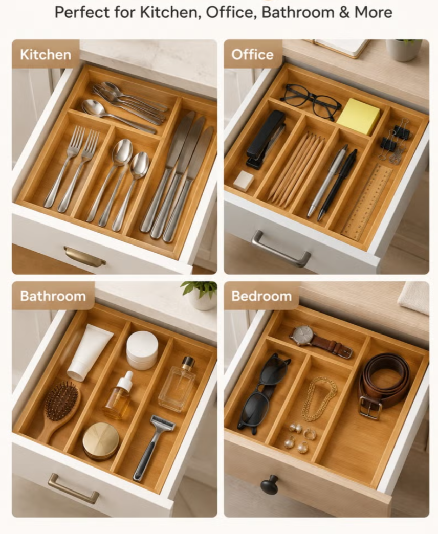 Bamboo Kitchen Drawer Organizer – 4-Grid Cutlery & Utensil Tray