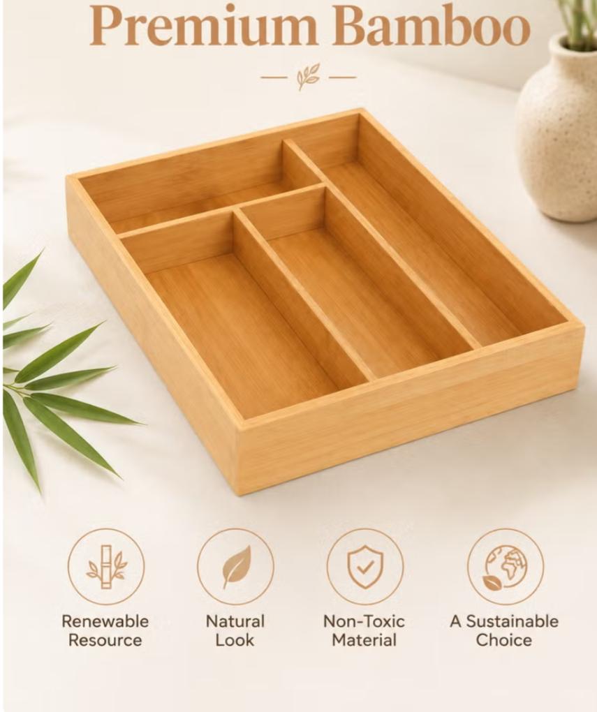 Bamboo Kitchen Drawer Organizer – 4-Grid Cutlery & Utensil Tray