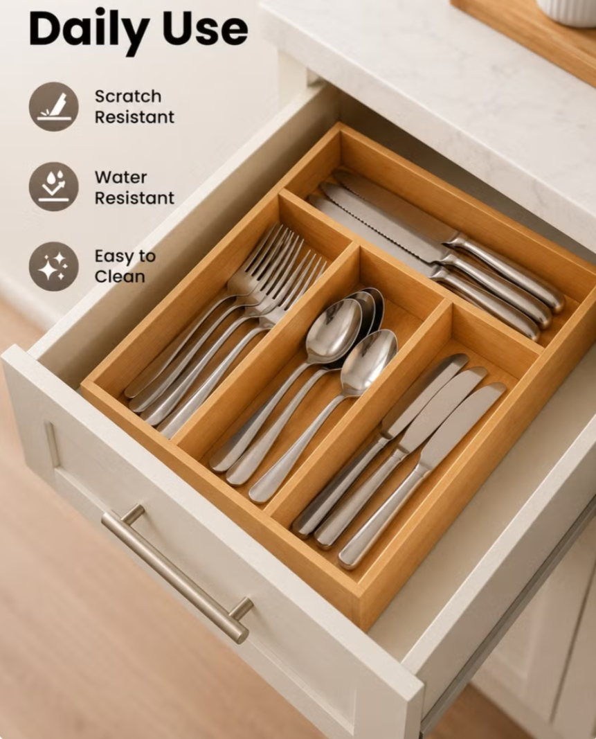 Bamboo Kitchen Drawer Organizer – 4-Grid Cutlery & Utensil Tray