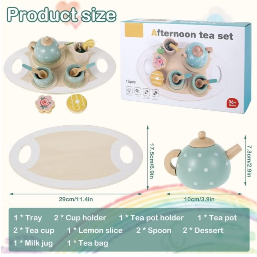 Wooden Tea Party Set for Kids – 15-Piece Pretend Play Toy